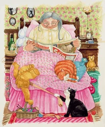 Grand-mère et 2 chats et un lit rose